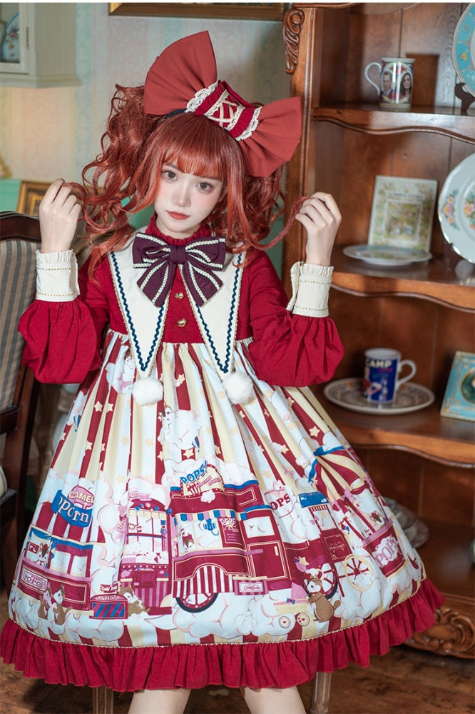 Popcorn and Star Pattern Print Pointed Collar One Piece Red and Yellow