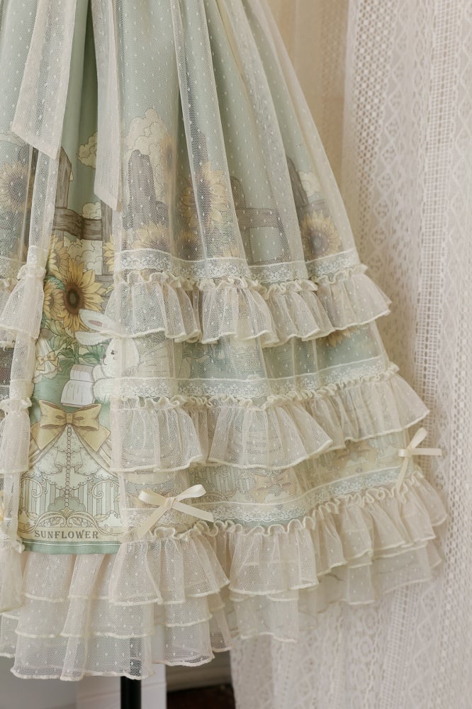 Sunflowers and Bunny Print Spring Jumper Skirt Tulle Overdress Set