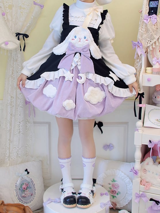 Sleepy Rabbit Corduroy Bunny Embroidery Applique Bodice Bubble Skirt Lolita JSK