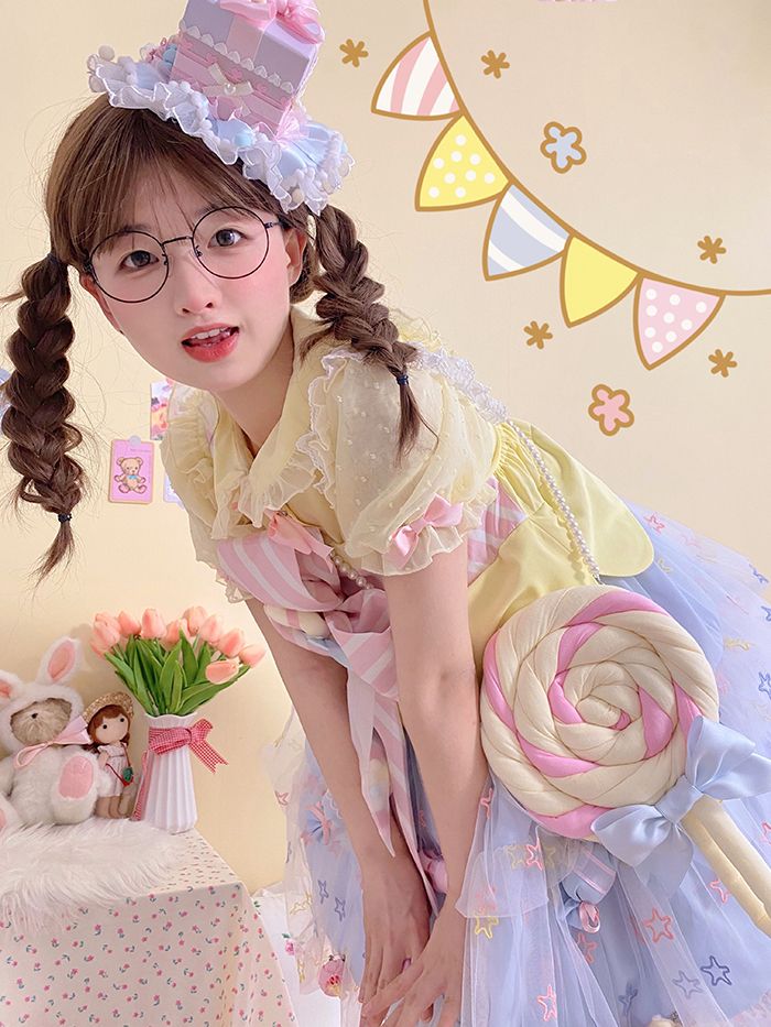 Rainbow Candy Stars Print Lollipop Design Lolita JSK+Brooches+Big Bow Train Set