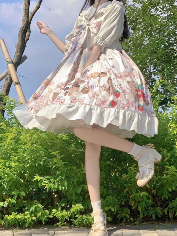 White Bear Print Halter Neck Ruffle Hemline Jumper Skirt