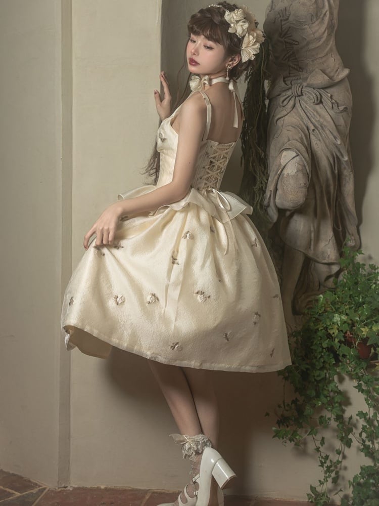 Light Yellow Floral Pattern Boned Bodice Jumper Skirt with Rosette Brooches Long Version