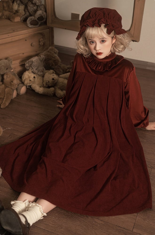 Winona Red/Black Velvet and Corduroy Ruffle Neckline Long Balloon Sleeves One Piece