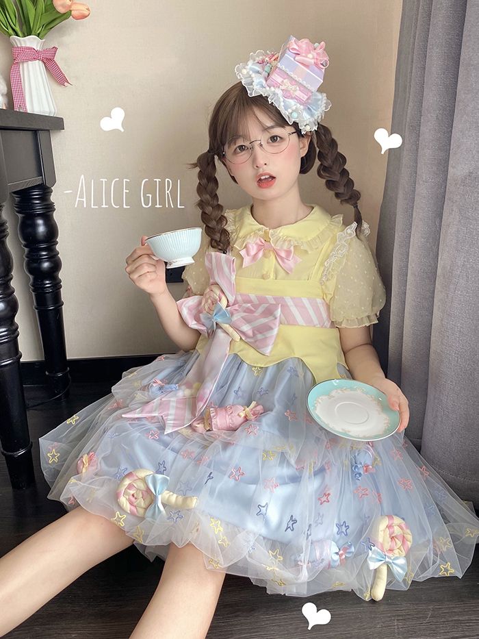 Rainbow Candy Stars Print Lollipop Design Lolita JSK+Brooches+Big Bow Train Set