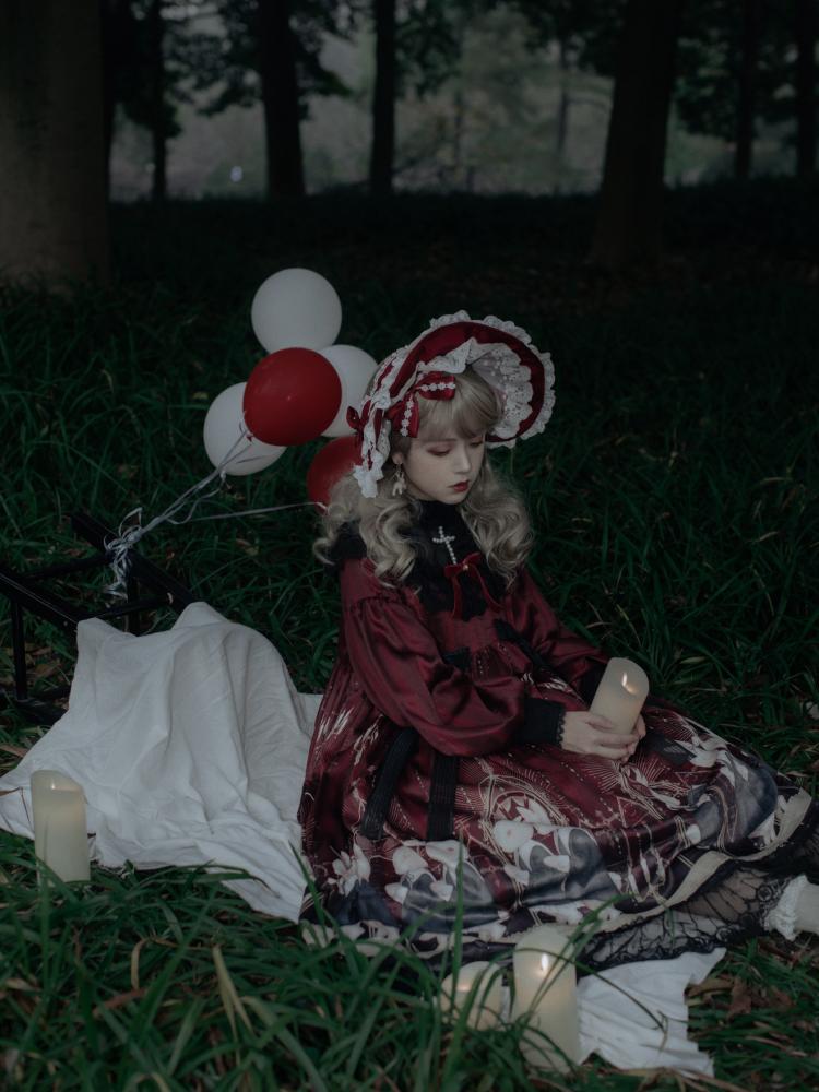 Holy Prayer Color Red Bunny Print Ruffle Round Neck Lace Hemline One Piece