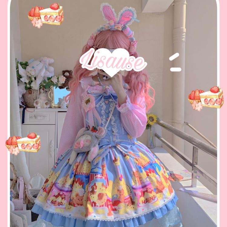 Little Bear and Pot Built-in Petticoat Bear and Biscuit Print Overalls