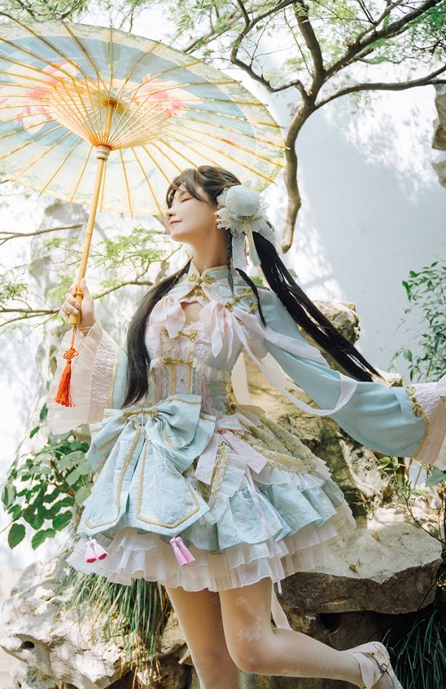 Light Green and Pink Detachable Collar Qi Tiered Ruffles Jumper Skirt - Sukuroi