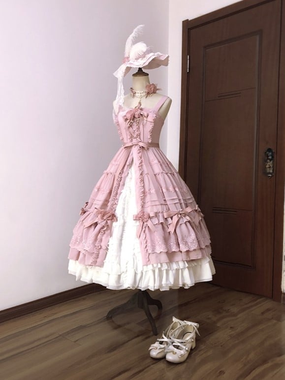 Rozen Maiden Front Buttons Closure Shirring Back Plus Size Friendly Black / Wine Red / Green / Pink Classic Jumper Skirt