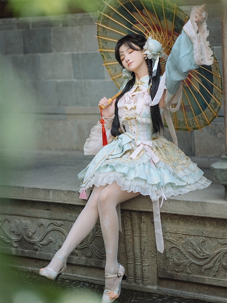 Light Green and Pink Detachable Collar Qi Tiered Ruffles Jumper Skirt - Sukuroi