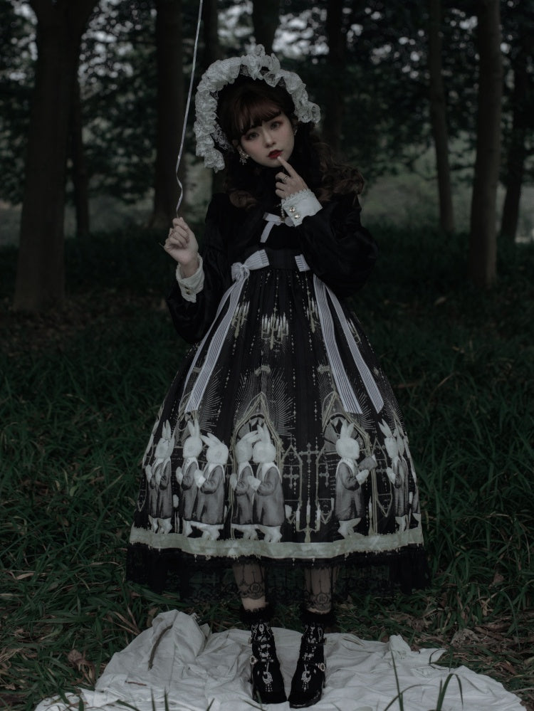 Holy Prayer Color Black Long Version Bunny Print Ruffle Round Neck Long Sleeves One Piece