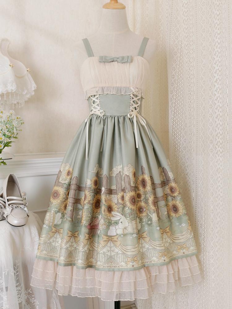 Sunflowers and Bunny Print Spring Jumper Skirt Tulle Overdress Set