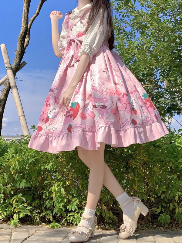 Pink Bear Print Halter Neck Ruffle Hemline Jumper Skirt