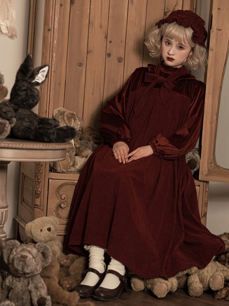 Winona Red/Black Velvet and Corduroy Ruffle Neckline Long Balloon Sleeves One Piece