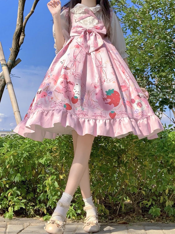 Pink Bear Print Halter Neck Ruffle Hemline Jumper Skirt