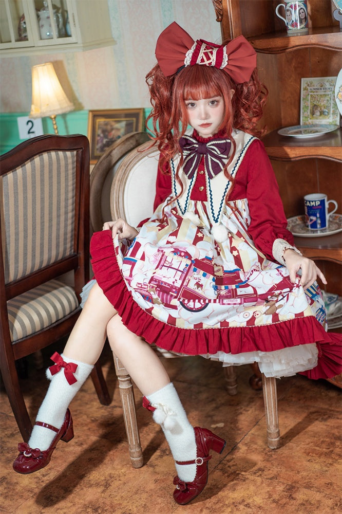 Popcorn and Star Pattern Print Pointed Collar One Piece Red and Yellow