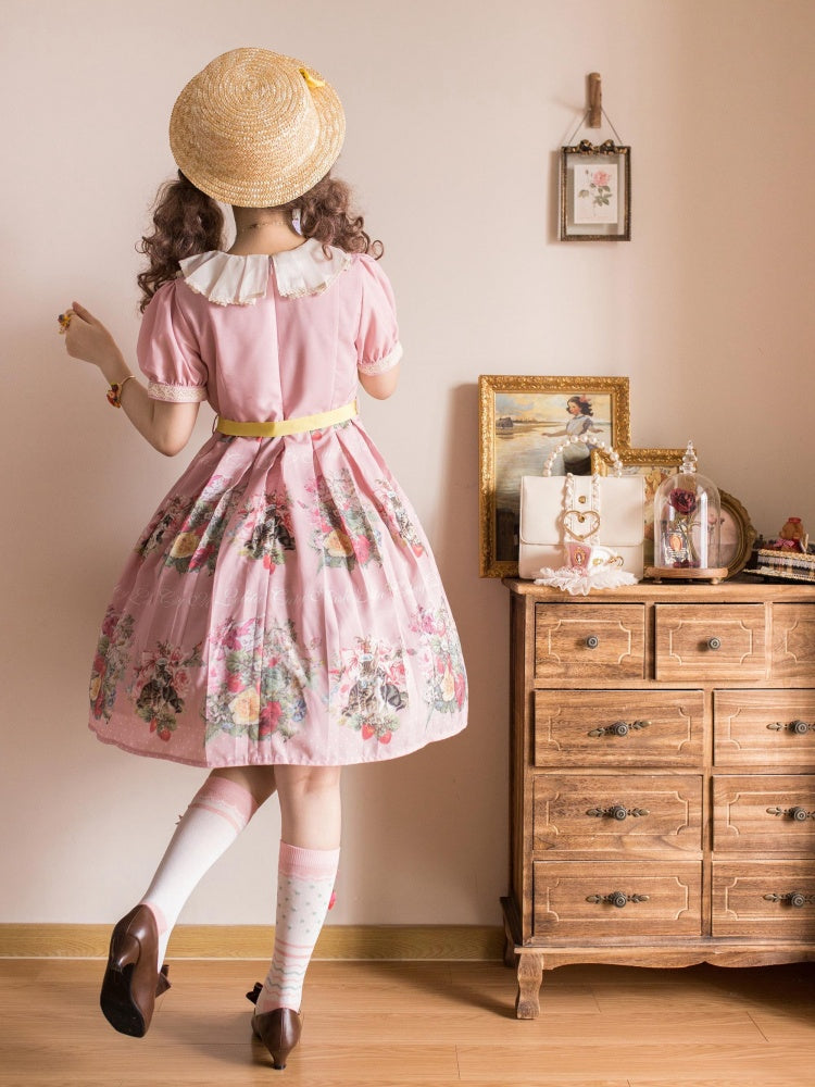 Strawberry Cat Bouquet Pink Vintage Floral Print Short Sleeves Sweet One Piece