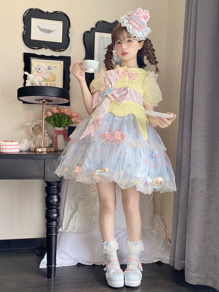 Rainbow Candy Stars Print Lollipop Design Lolita JSK+Brooches+Big Bow Train Set