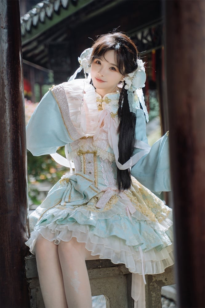 Light Green and Pink Detachable Collar Qi Tiered Ruffles Jumper Skirt - Sukuroi