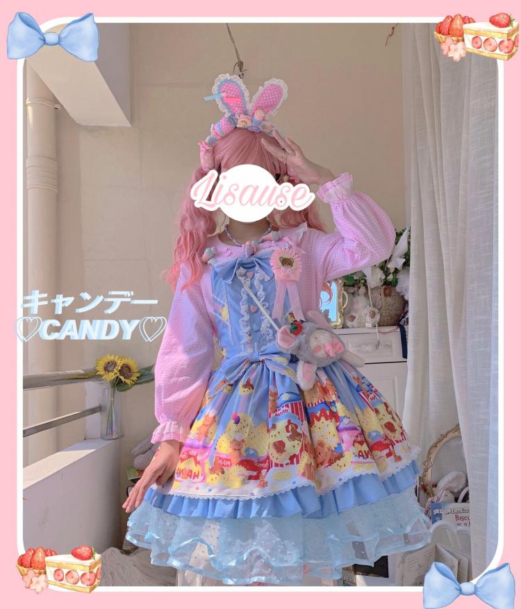 Little Bear and Pot Built-in Petticoat Bear and Biscuit Print Overalls