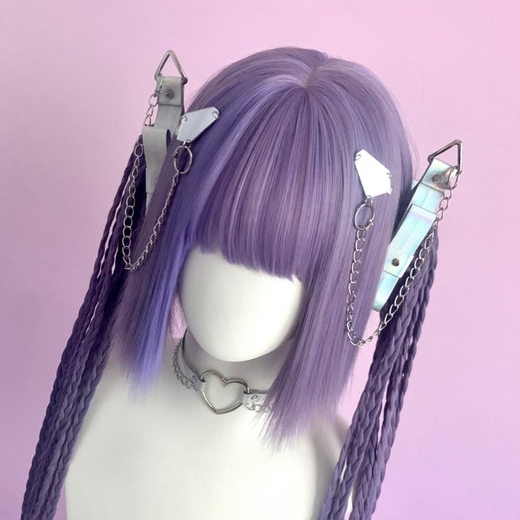 Purple Chin Bob Cut Wig with Braids Jaw Clips