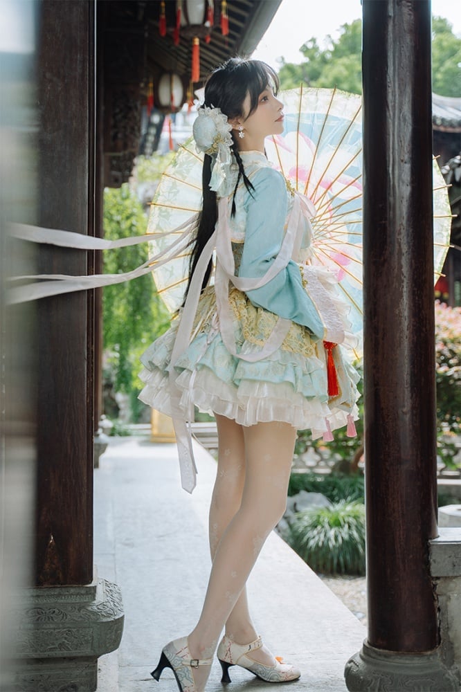 Light Green and Pink Detachable Collar Qi Tiered Ruffles Jumper Skirt - Sukuroi