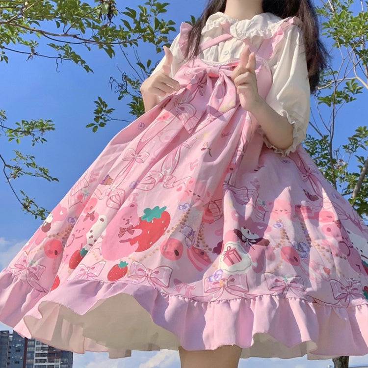 Pink Bear Print Halter Neck Ruffle Hemline Jumper Skirt