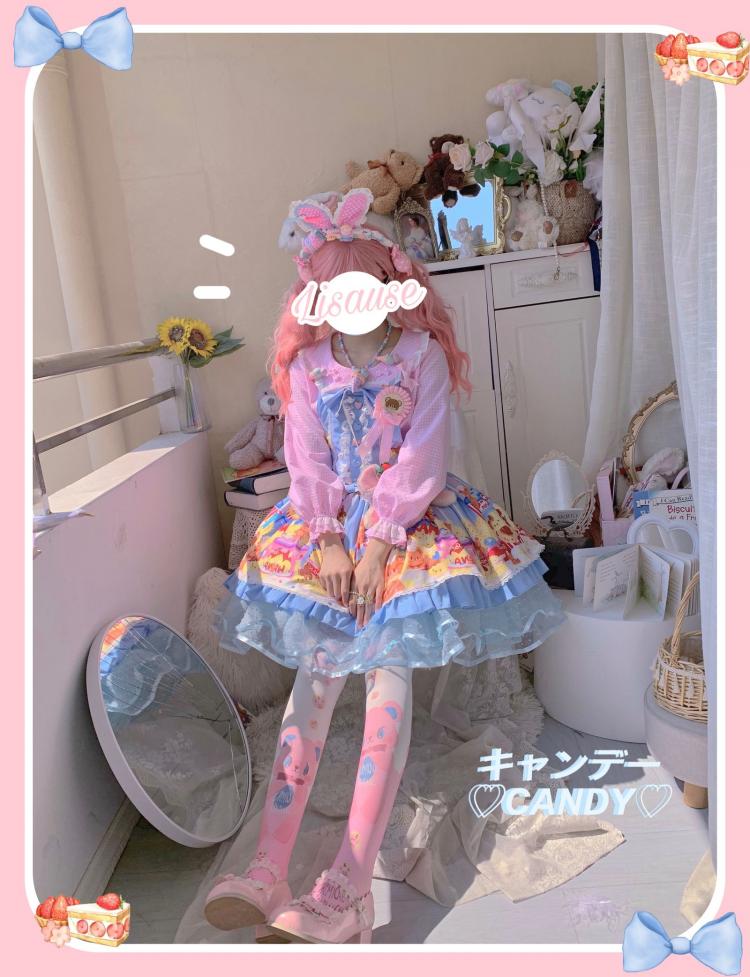 Little Bear and Pot Built-in Petticoat Bear and Biscuit Print Overalls