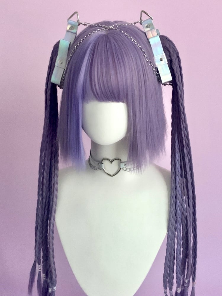 Purple Chin Bob Cut Wig with Braids Jaw Clips
