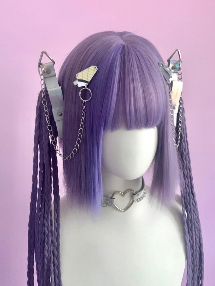 Purple Chin Bob Cut Wig with Braids Jaw Clips