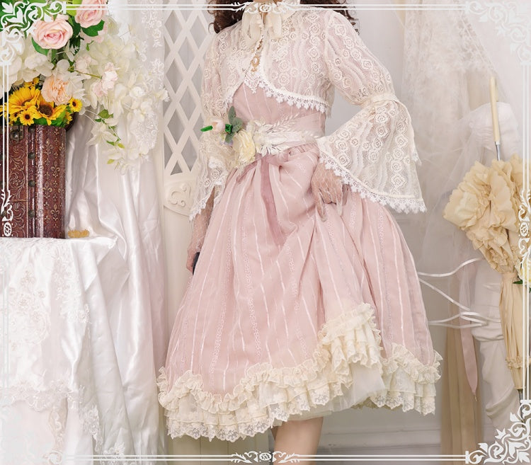 Tulip 1.0 Tiered Skirt and Ruffle Trim Short Sleeves One Piece Version A (Lace Applique Neckline)/Version B