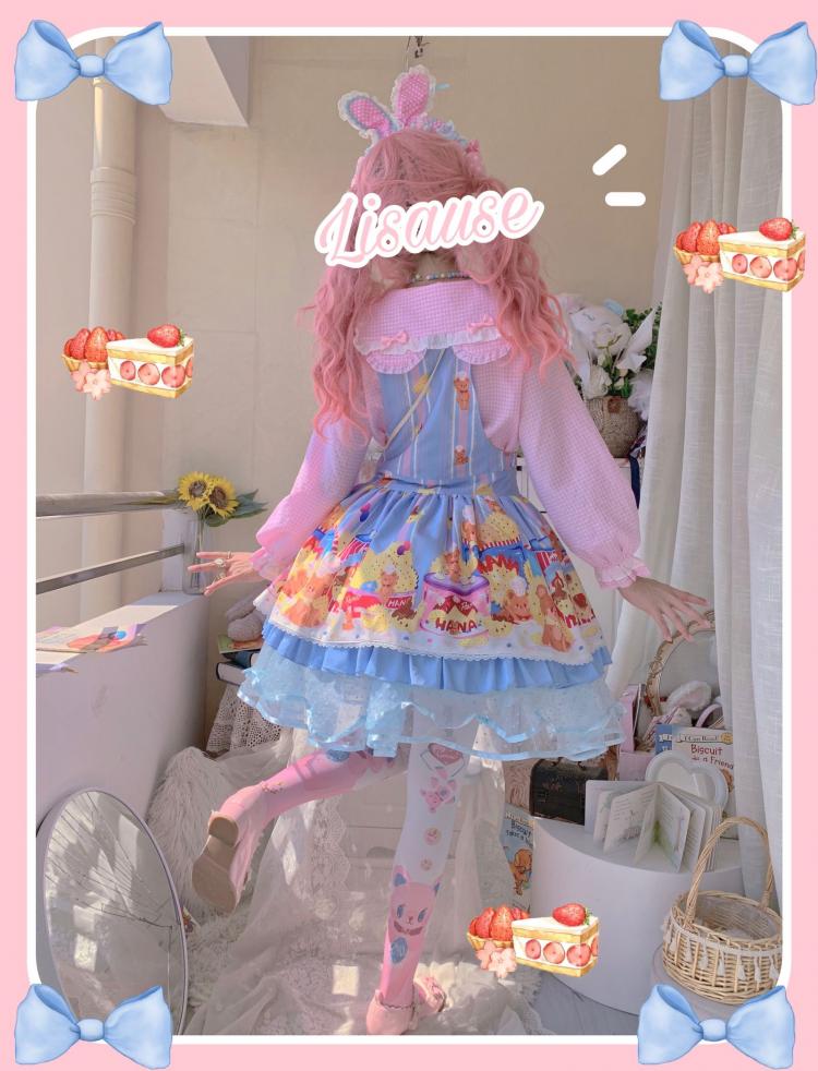 Little Bear and Pot Built-in Petticoat Bear and Biscuit Print Overalls