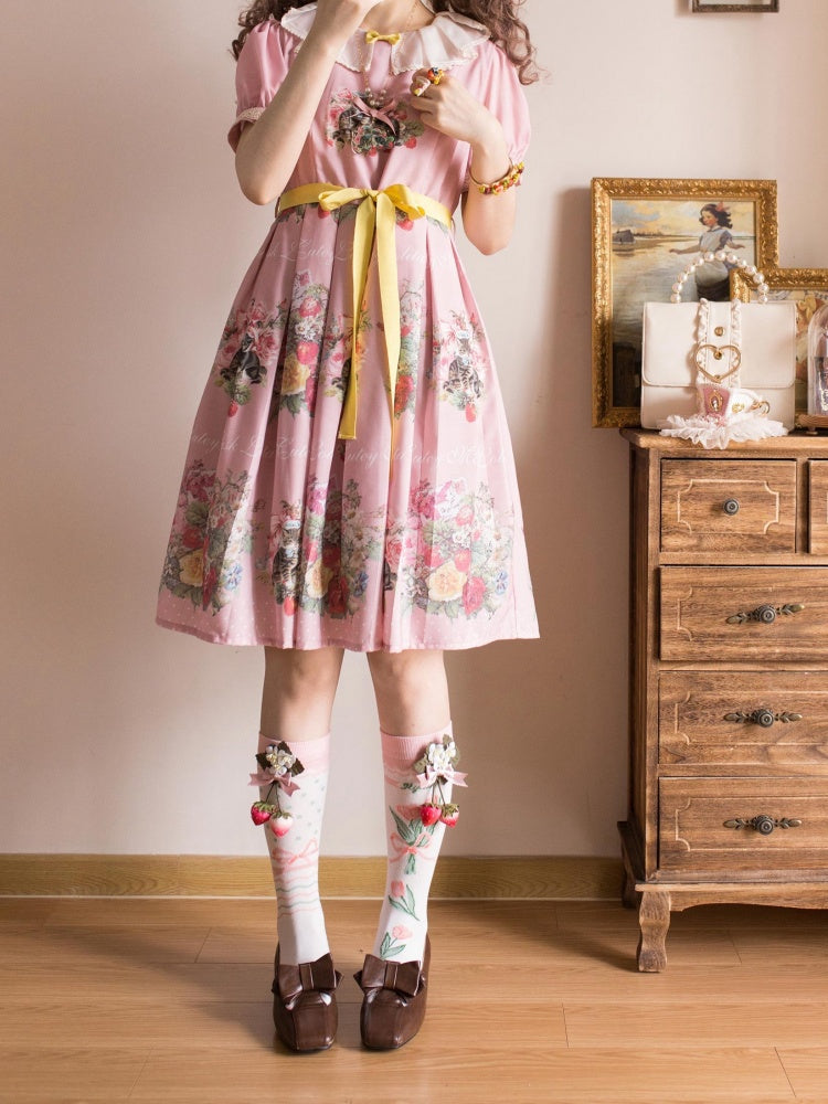 Strawberry Cat Bouquet Pink Vintage Floral Print Short Sleeves Sweet One Piece