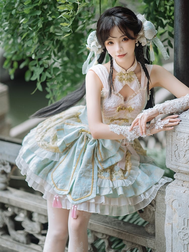 Light Green and Pink Detachable Collar Qi Tiered Ruffles Jumper Skirt - Sukuroi