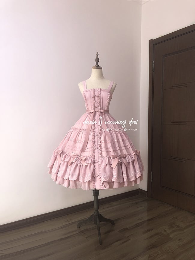 Rozen Maiden Front Buttons Closure Shirring Back Plus Size Friendly Black / Wine Red / Green / Pink Classic Jumper Skirt