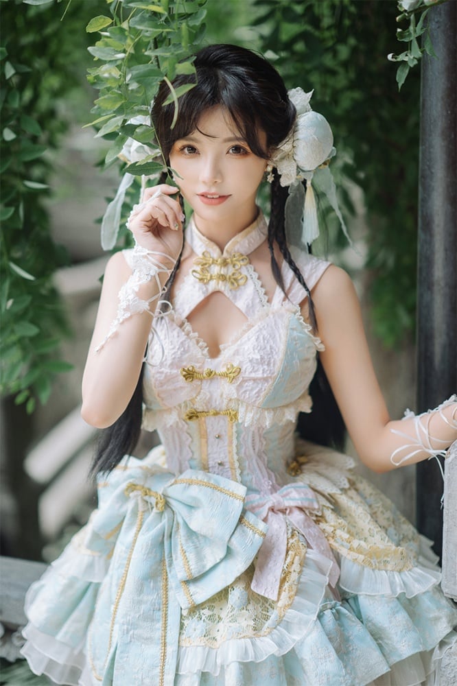 Light Green and Pink Detachable Collar Qi Tiered Ruffles Jumper Skirt - Sukuroi