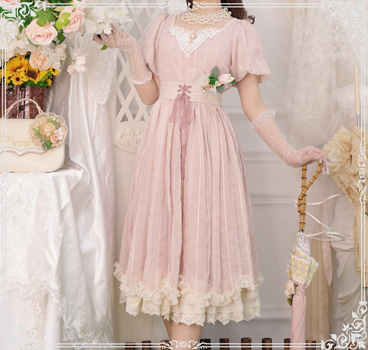 Tulip 1.0 Tiered Skirt and Ruffle Trim Short Sleeves One Piece Version A (Lace Applique Neckline)/Version B