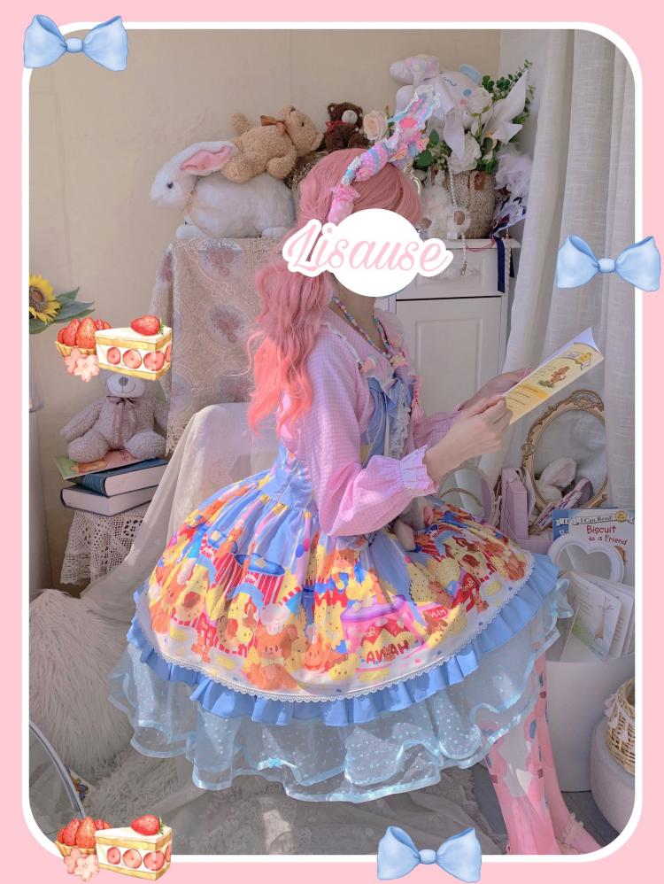 Little Bear and Pot Built-in Petticoat Bear and Biscuit Print Overalls