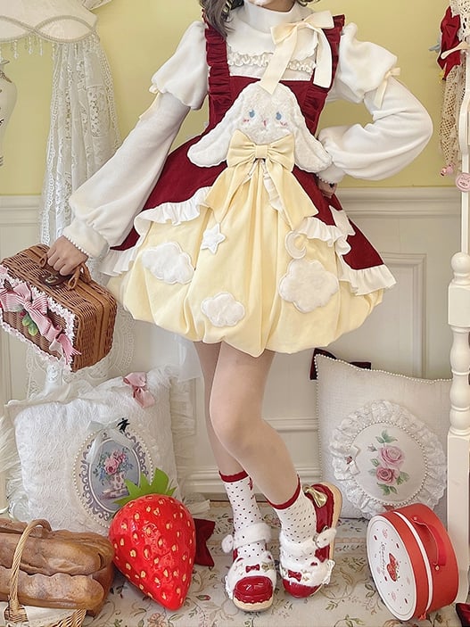 Sleepy Rabbit Corduroy Bunny Embroidery Applique Bodice Bubble Skirt Lolita JSK