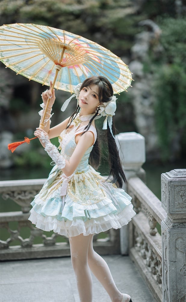 Light Green and Pink Detachable Collar Qi Tiered Ruffles Jumper Skirt - Sukuroi