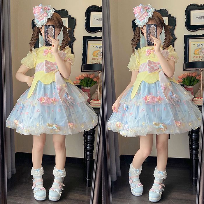 Rainbow Candy Stars Print Lollipop Design Lolita JSK+Brooches+Big Bow Train Set