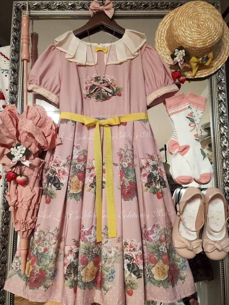 Strawberry Cat Bouquet Pink Vintage Floral Print Short Sleeves Sweet One Piece