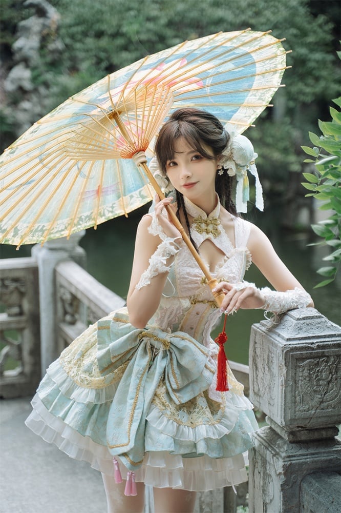 Light Green and Pink Detachable Collar Qi Tiered Ruffles Jumper Skirt - Sukuroi