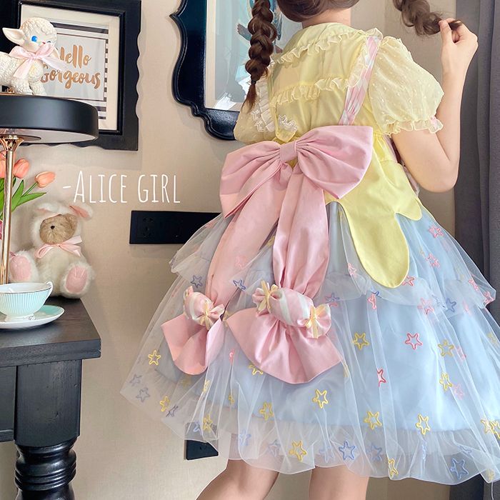Rainbow Candy Stars Print Lollipop Design Lolita JSK+Brooches+Big Bow Train Set