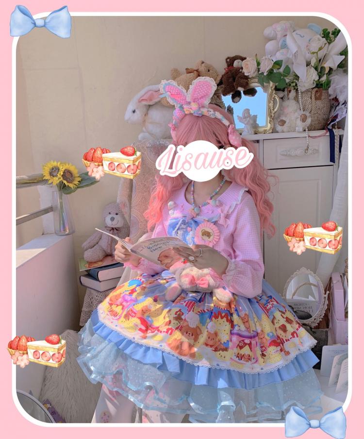 Little Bear and Pot Built-in Petticoat Bear and Biscuit Print Overalls