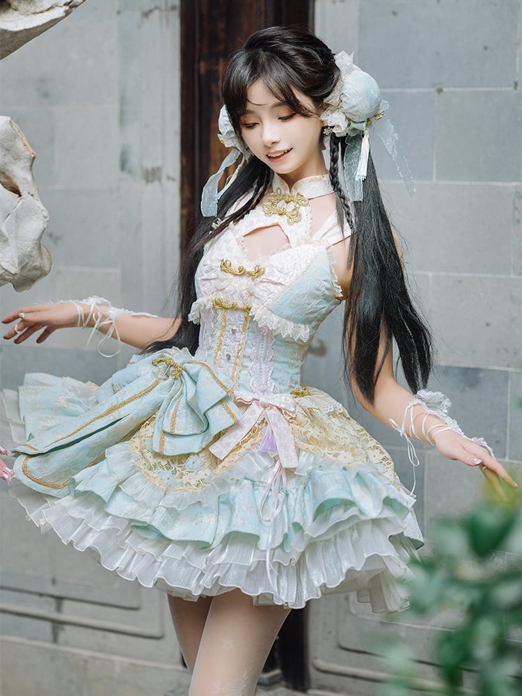 Light Green and Pink Detachable Collar Qi Tiered Ruffles Jumper Skirt - Sukuroi