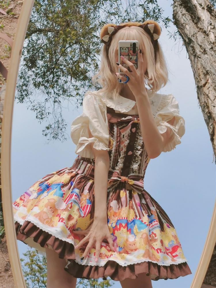 Little Bear and Pot Built-in Petticoat Bear and Biscuit Print Overalls