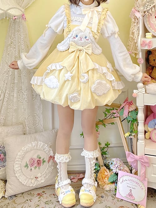Sleepy Rabbit Corduroy Bunny Embroidery Applique Bodice Bubble Skirt Lolita JSK
