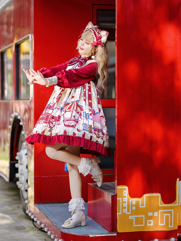 Popcorn and Star Pattern Print Pointed Collar One Piece Red and Yellow
