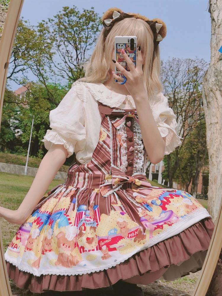 Little Bear and Pot Built-in Petticoat Bear and Biscuit Print Overalls