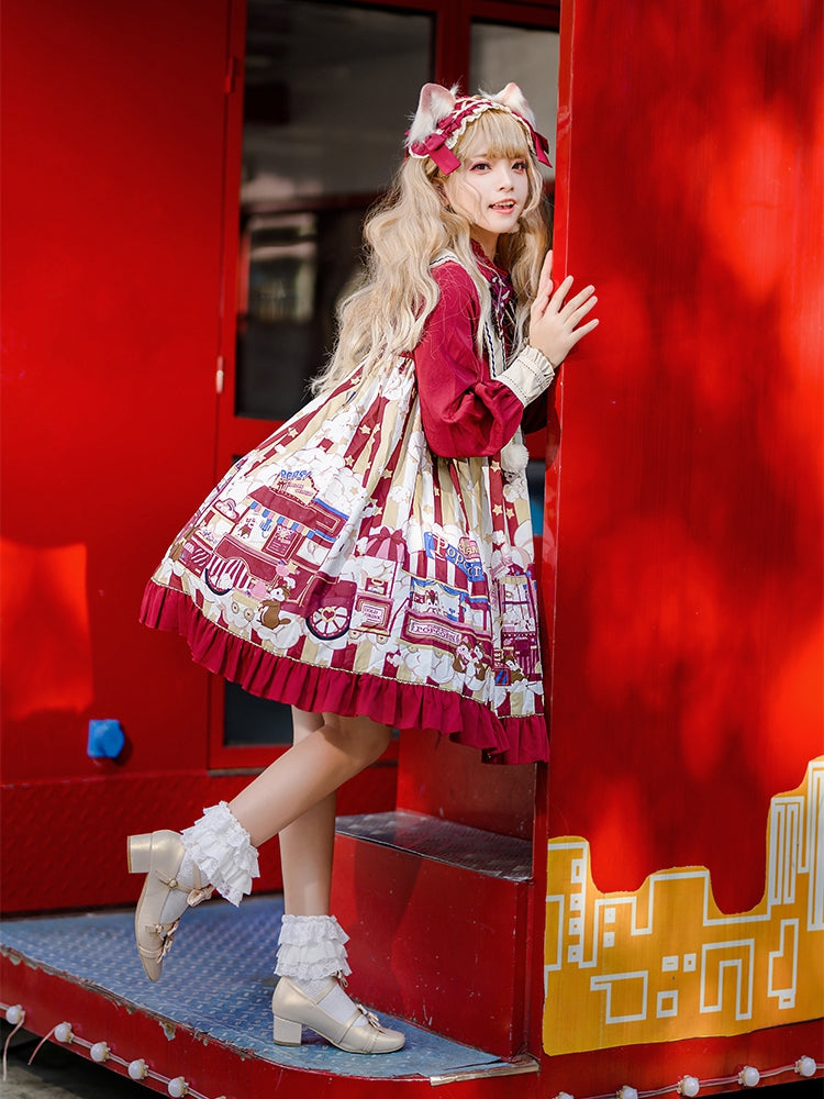 Popcorn and Star Pattern Print Pointed Collar One Piece Red and Yellow